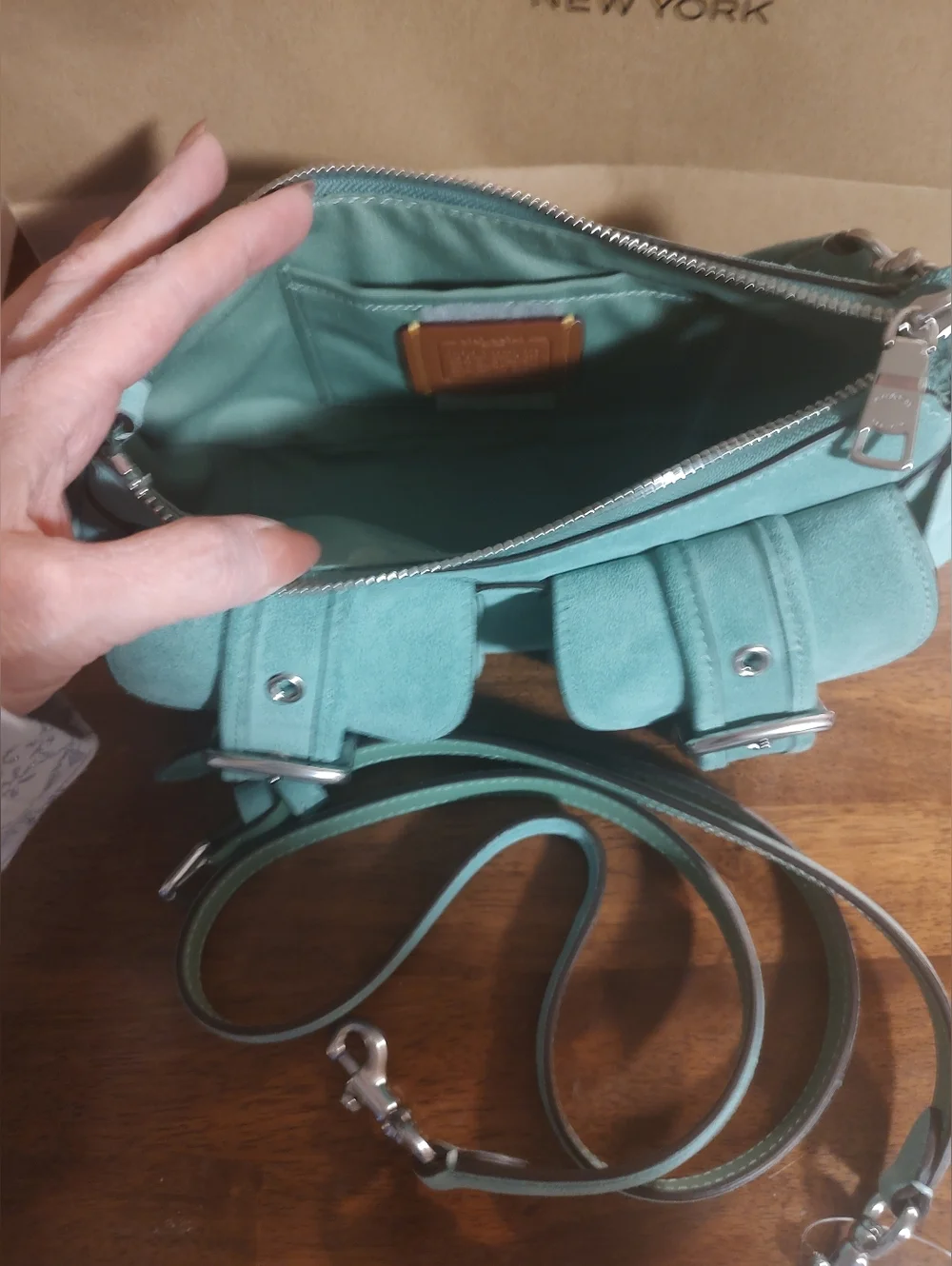 COACH Ashton Mint Green Suede Shoulder Bag with Front Buckle Pockets